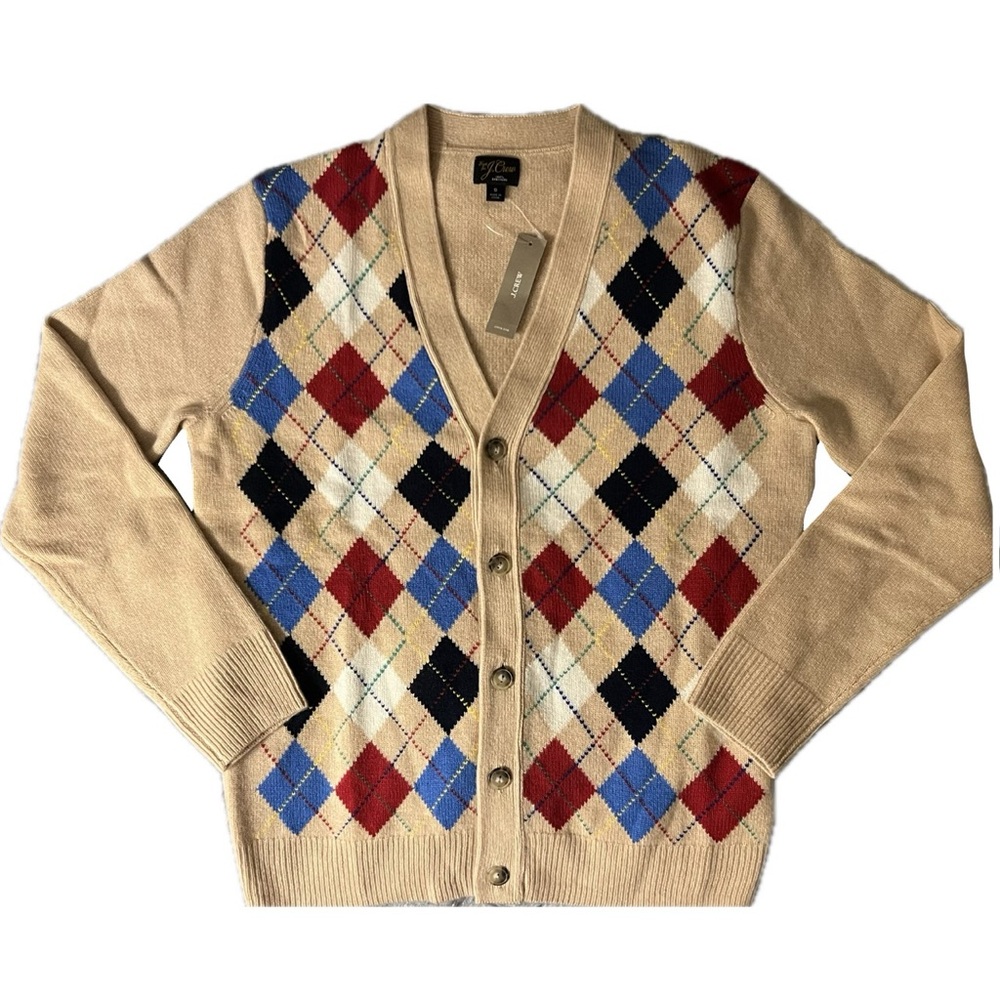 *NWT* J.Crew 100% Cashmere Argyle Cardigan - Size S - Tan/Multicolor - No Snags